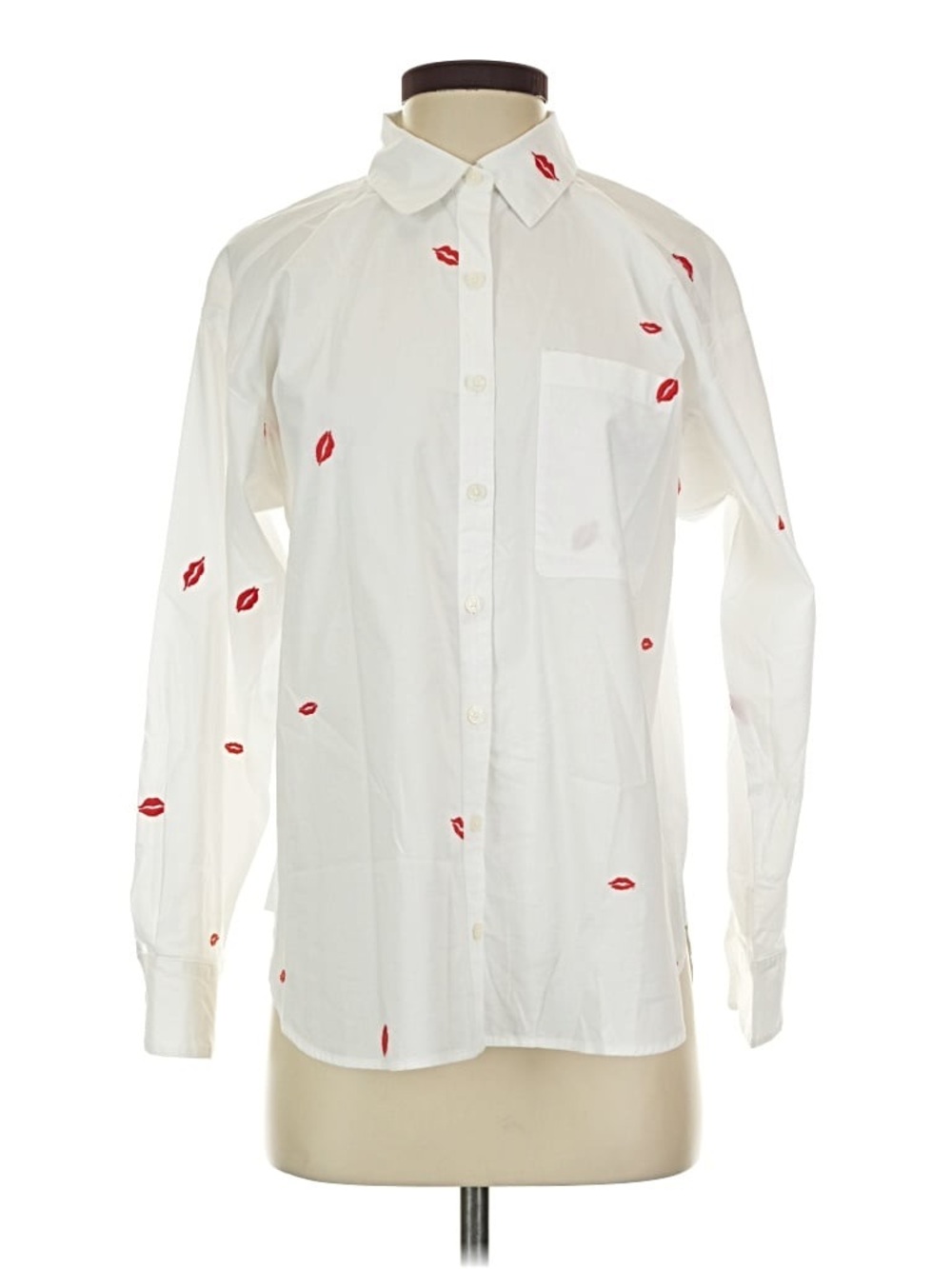 LOFT White Button-Down Shirt with Red Lip Print
